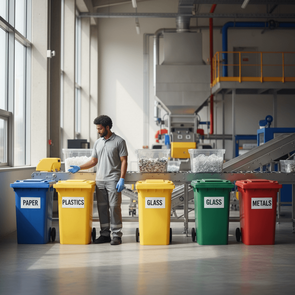 Organized recycling containers and sorting workspace