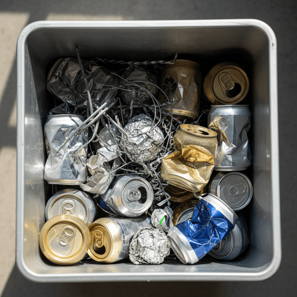 Aluminum cans and metal scraps neatly arranged in a recycling bin