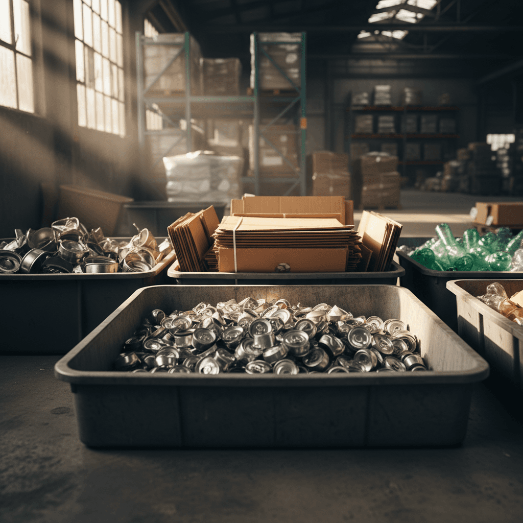 Sorted recyclable materials organized in bins at a recycling facility