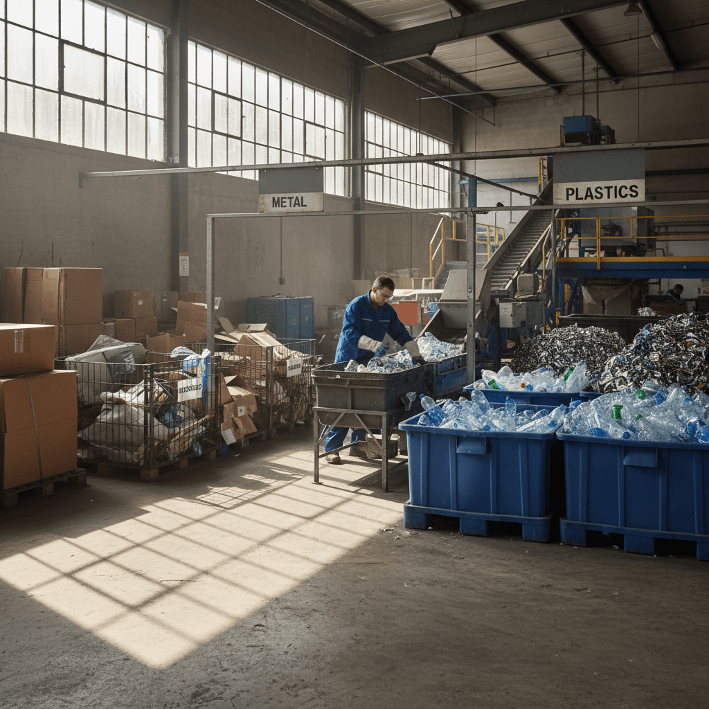 Recycling facility sorting station with organized material bins