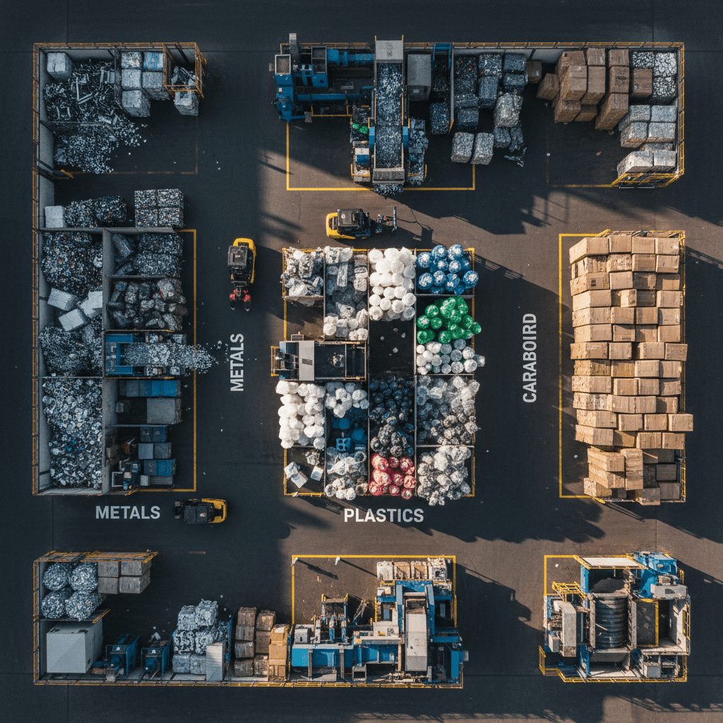Overhead view of material processing and sorting workflow