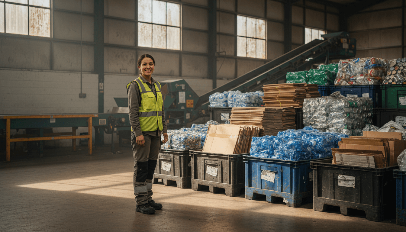 Team member at Jolley Recycling facility with organized recyclable materials