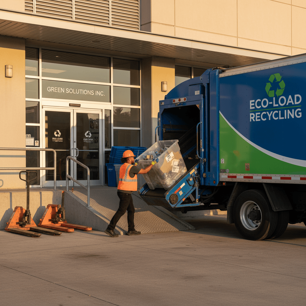 Commercial recycling truck making a pickup at a business