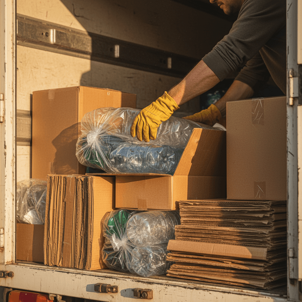 Worker loading sorted recyclables into collection truck