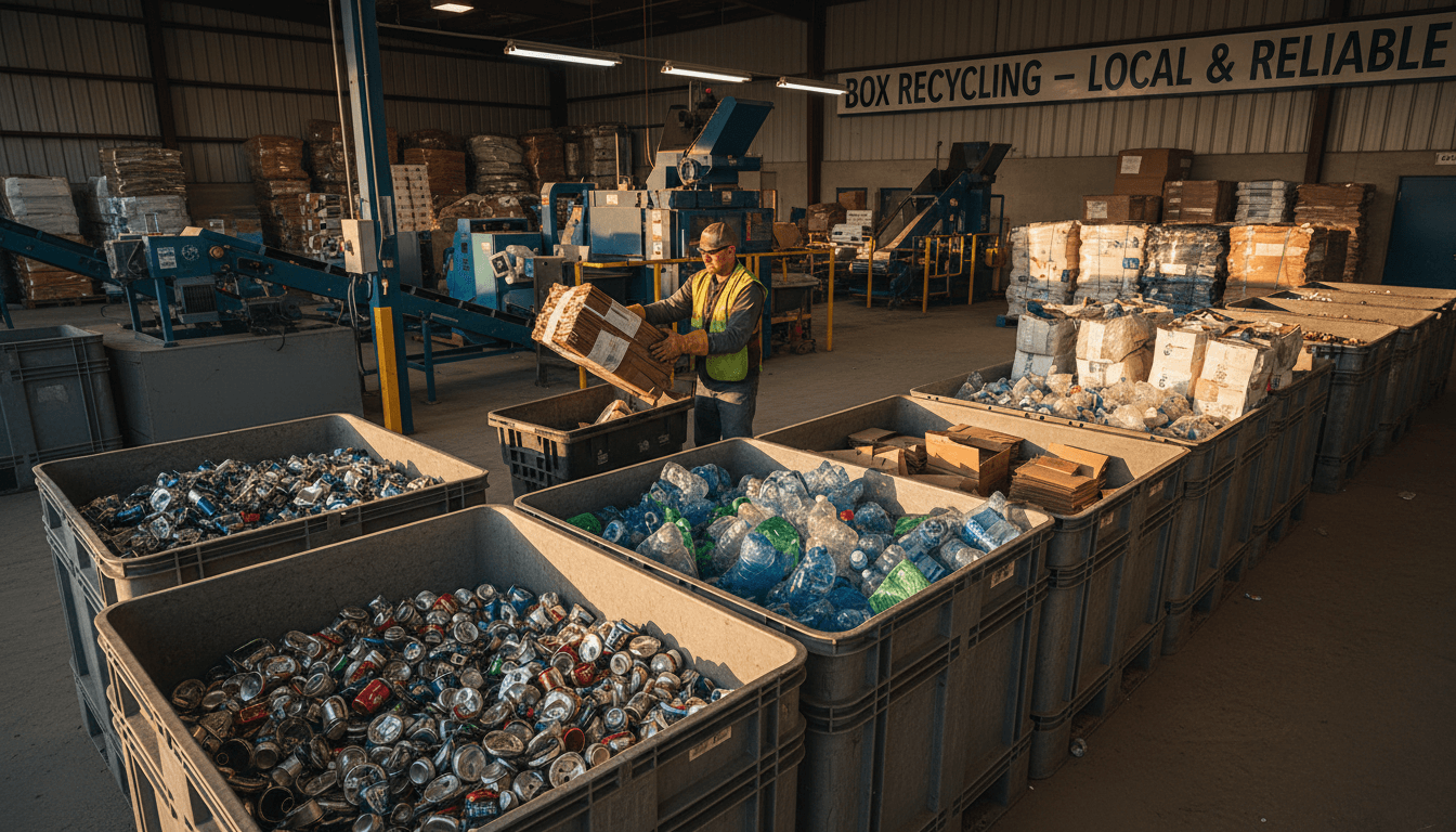Organized recycling facility with sorted materials and worker managing collection bins