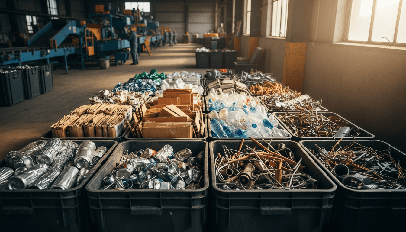 Neatly organized sorted recyclable materials in bins showing aluminum, cardboard, and plastics