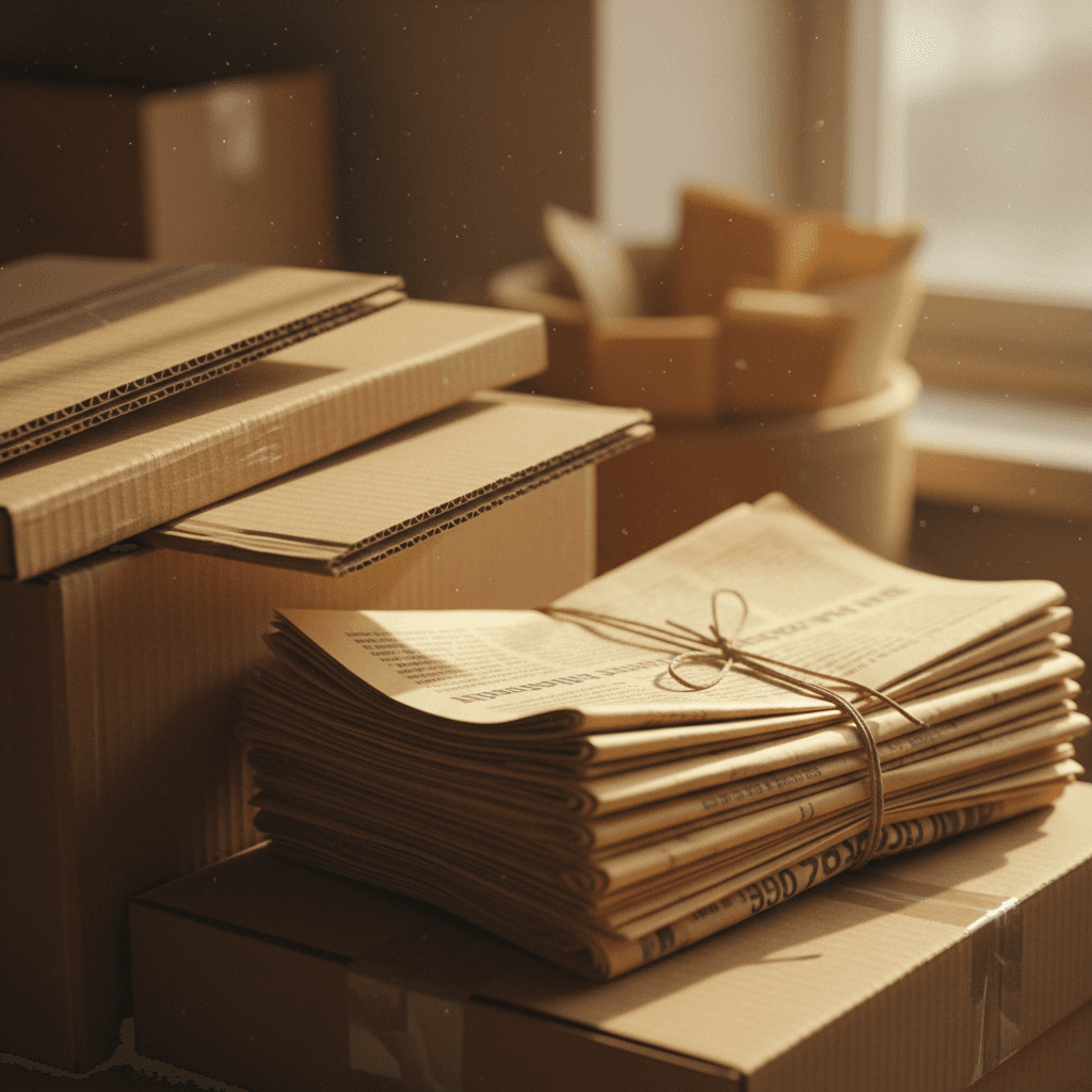 Bundled cardboard boxes and stacked newspapers ready for pickup