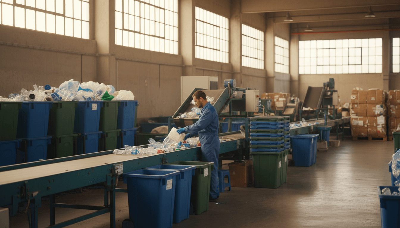 Worker sorting recyclable materials at Jolley Recycling facility in Box Elder County