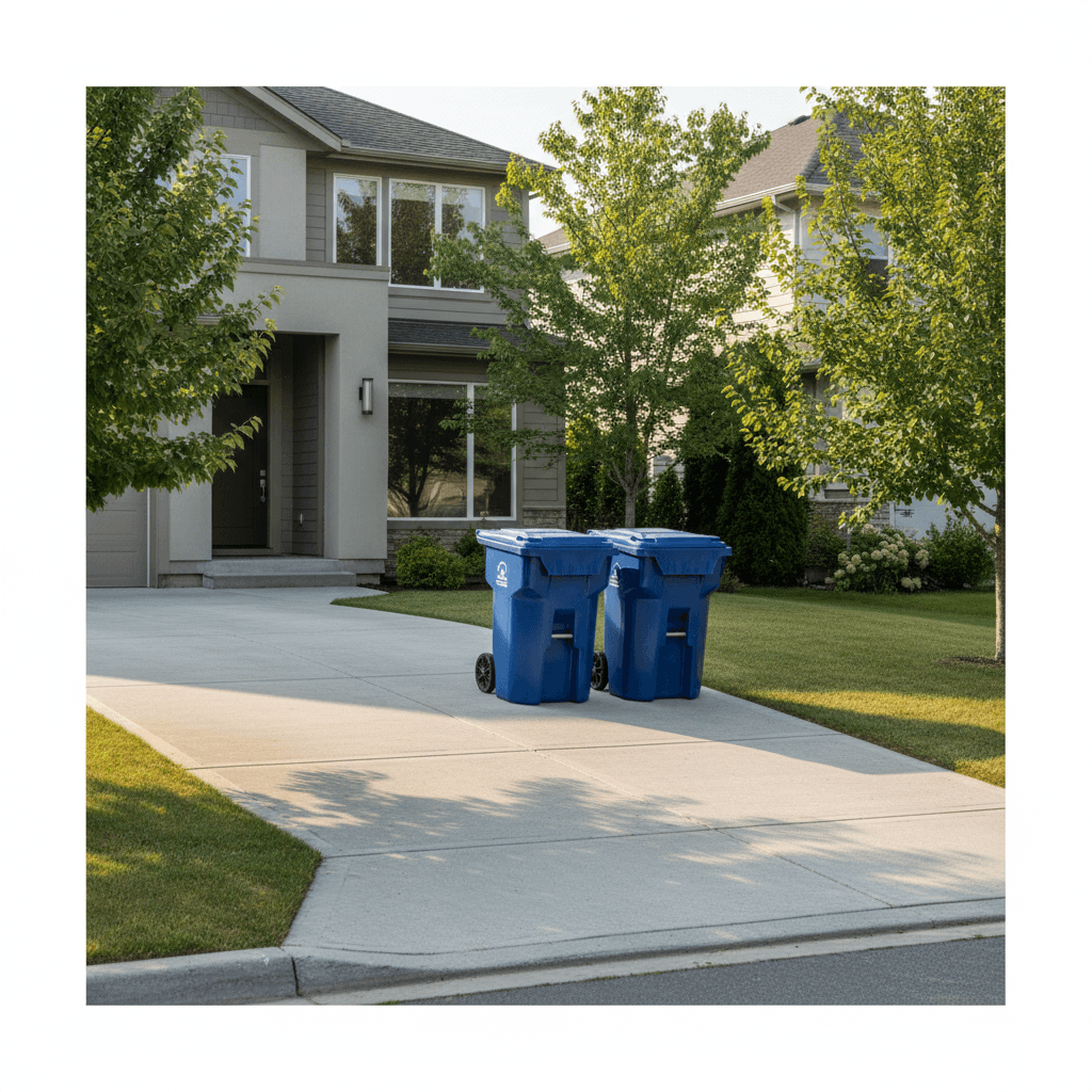 Blue recycling bins positioned at a residential curb ready for pickup