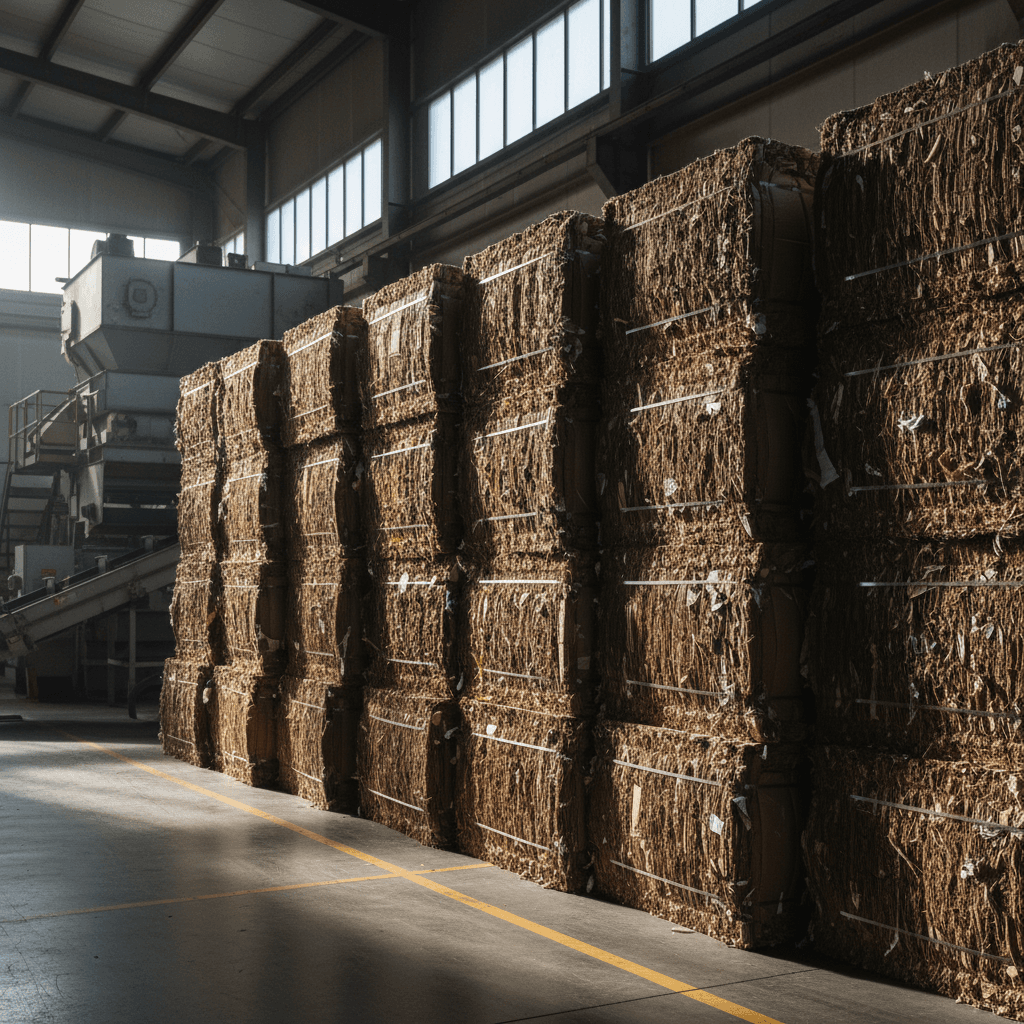 Stacked cardboard bales ready for commercial recycling
