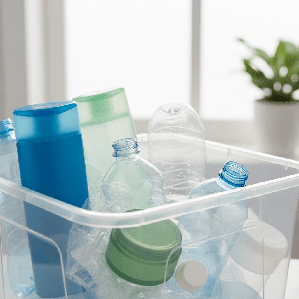 Clear plastic bottles and containers sorted in a recycling bin