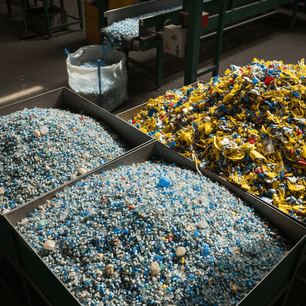Sorted and processed plastic materials at facility