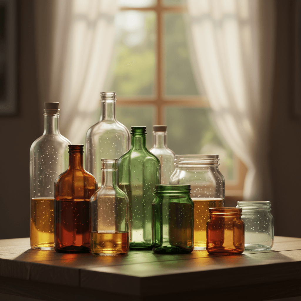 Assorted glass bottles and jars prepared for recycling