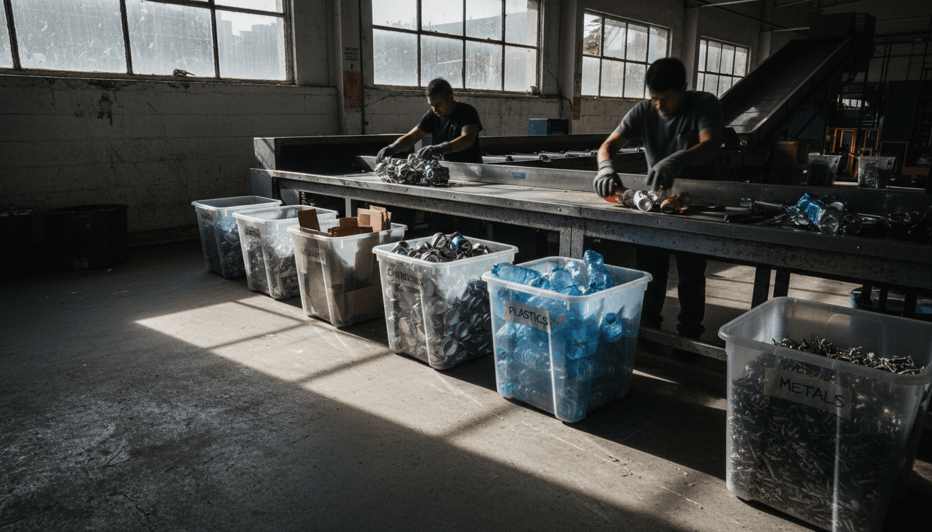 Recycling facility with sorted materials and organized containers for processing